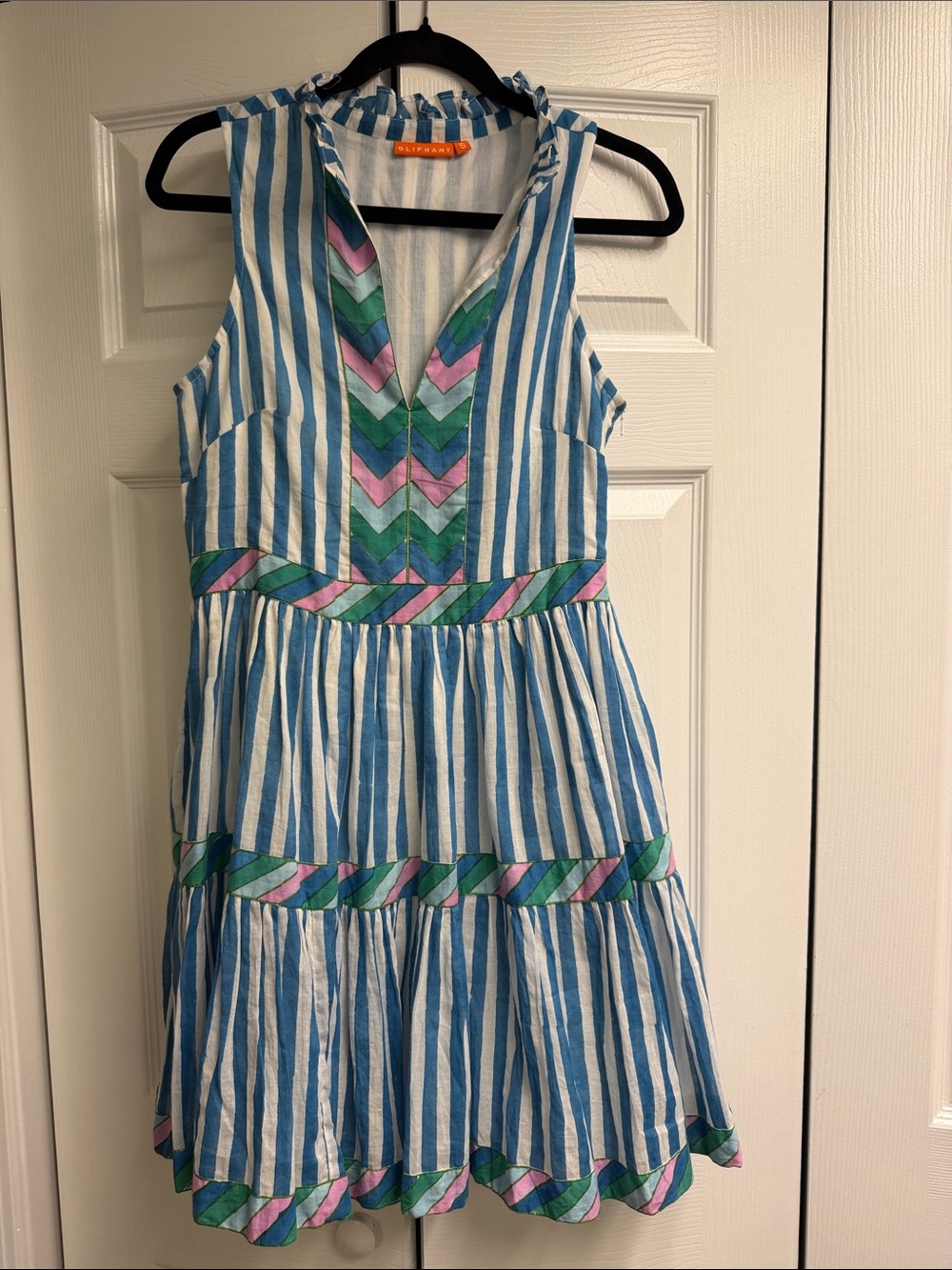 Oliphant Blue & White Striped Sleeveless Dress with Pastel Chevron Trim